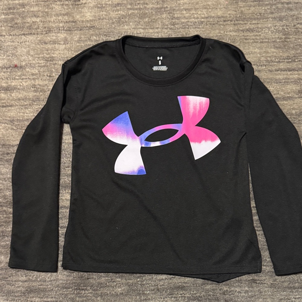 Under Armour Kids Black Long Sleeve Tee with Pink and Purple Logo